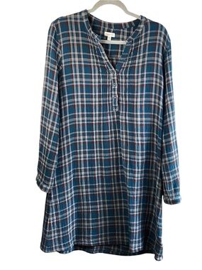 Garnet Hill Crinkle Gauze Popover Pintuck Plaid Button-Neck Tunic in Teal & Navy